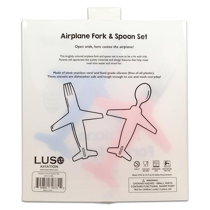 Kids' Airplane Fork & Spoon Set, Stainless Steel & Silicone