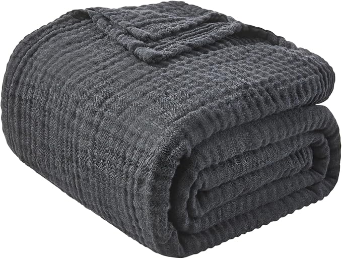 EMME Cotton Muslin Queen Blanket Bed Layering Breathable Gauze Blanket Soft Lightweight Blankets Adults (Black, 90"x90")