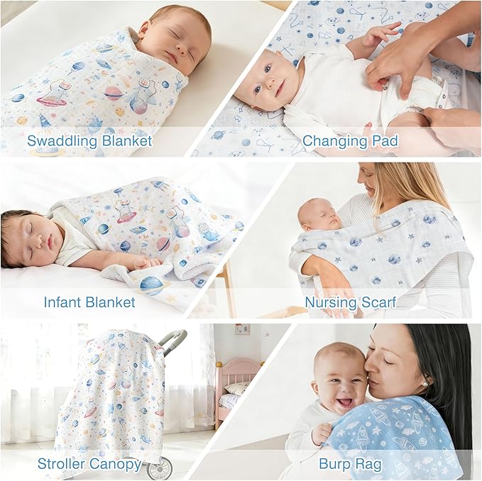 Muslin Swaddle Blankets for Newborn, 4 Pack Large 47"x47" Soft Breathable Bamboo Cotton Baby Blanket, Lightweight Receiving Blanket for Boys and Girls, Little Space Explorer