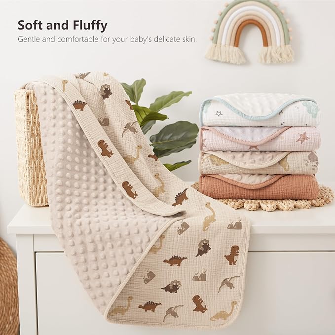 Susurration Baby Blanket for Unisex Boys Girls, 2 Pack Soft Fluffy Crib Blankets with Muslin Cotton Front and Dotted Fleece Back, Receiving Blanket for Baby Newborn Infant, 30x40inch, Dinosaur&Cream