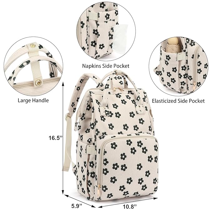 Baby Diaper Bag Backpack for Mom, Large Capacity Travel Nappy Bag for Boys & Girls with Stroller Straps (Corduroy Flowers)