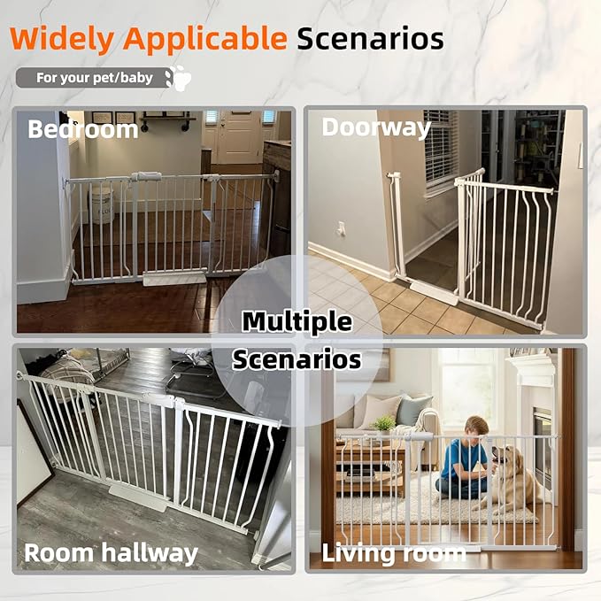 Extra Wide Walk Through Baby Gate with Door, 62.5-67 Inch Wide Presure Mounted No Drill Metal Auto Close Child Gate for Stair Doorway - Indoor Outdoor Safty Gate for Toddler Dog Doggie, White