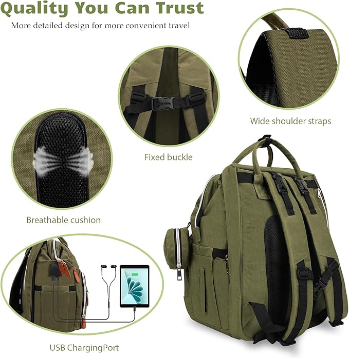 Diaper Bag Backpack for New Parents, Large Capacity Baby Travel Bag with Bottle Holders, Multiple Compartments (Green)