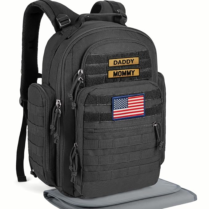 SHARKMOUTH Dad Diaper Bag Military - Large Baby Diaper Backpack with Changing Pad for Travel Camping Trips Park - Newborn Baby Shower Gifts Black