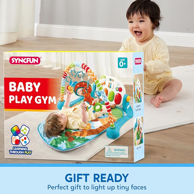 SYNCFUN Baby Play Mat, Tummy Time Mat Toys, Baby Musical Learning Toys 0-6 Months, Adorable Animal-Themed Play Gym with Piano Panel, Newborn Gifts for 0-3 6 9 12 Months