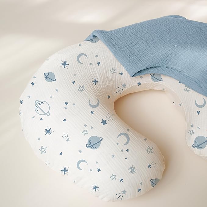 Konssy 2-Pack Muslin Nursing Pillow Covers, Soft & Adorable Nursing Covers for Breastfeeding Pillows, Slipcovers for Newborn Boys & Girls(Blue, Star)