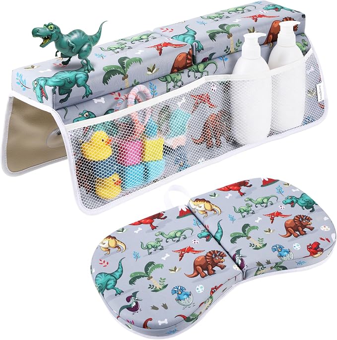 Bath Kneeler and Elbow Rest Pad Set, Dinosaur Design 1.5" Thick Comfortable Kneeling Cushion with Organizer Pockets - Quick Drying, Foldable, Non-Slip for Bathing Time