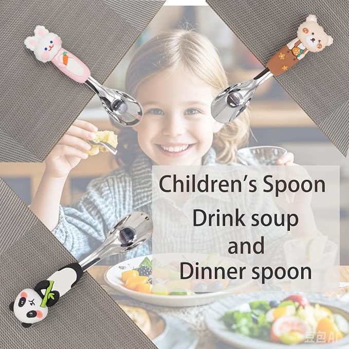18/8 Stainless Steel Kids Spoon Set with Storage Box, Animal Shaped Silicone Handle, BPA Free Portable Travel Utensils, Perfect Children's Day Gift for Kids Ages 3-6