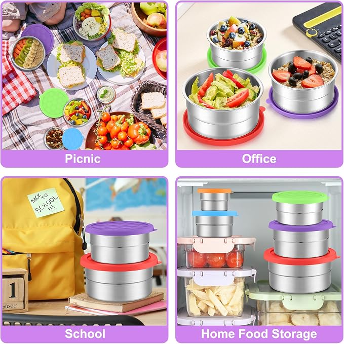 E-far Stainless Steel Food Containers with Lids Set of 5, Round Snack Containers for Kids Toddlers Adults, Metal Food Storage Box for School Lunch, Leak Proof (3oz, 6oz, 12.9oz, 20.3oz, 30.4oz)