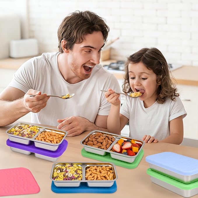 4 Pack Stainless Steel Snack Containers Set, Mixed Single & 2 Compartment Bento Boxes with Silicone Lids, Leakproof Food Storage for Meal Prep, Lunch, Travel, Picnic, Camping, Kitchen Organization