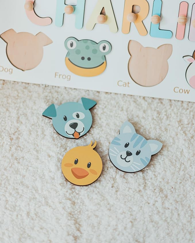 Name Puzzle with Animals, Personalized Gift for Kids, Baby Boy Birthday Gift, First, Woodland Animals, Montessori Wooden Toys