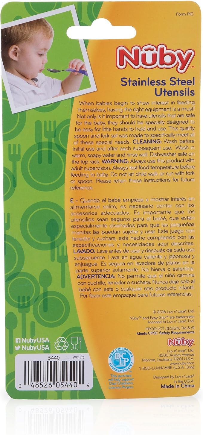 Nuby 2 Piece Stainless Steel Utensil, Blue/Green, 2 Count