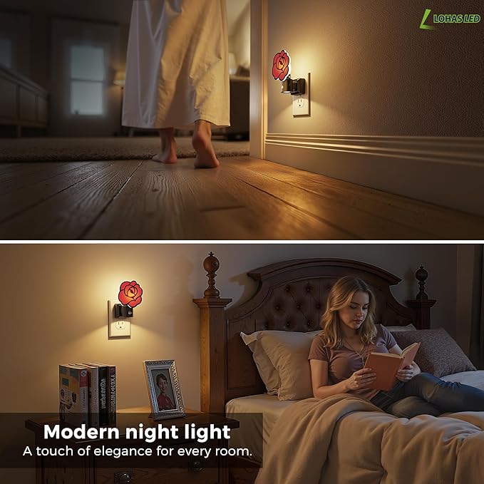 L LOHAS LED Red Rose Night Lights Plug into Wall, Gothic Rose LED Night Light with Dusk?‘to?‘Dawn Sensor, Adjustable Brightness, 350° Rotatable Plug in Nightlight for Bedroom Hallway Bathroom (2 Pack)