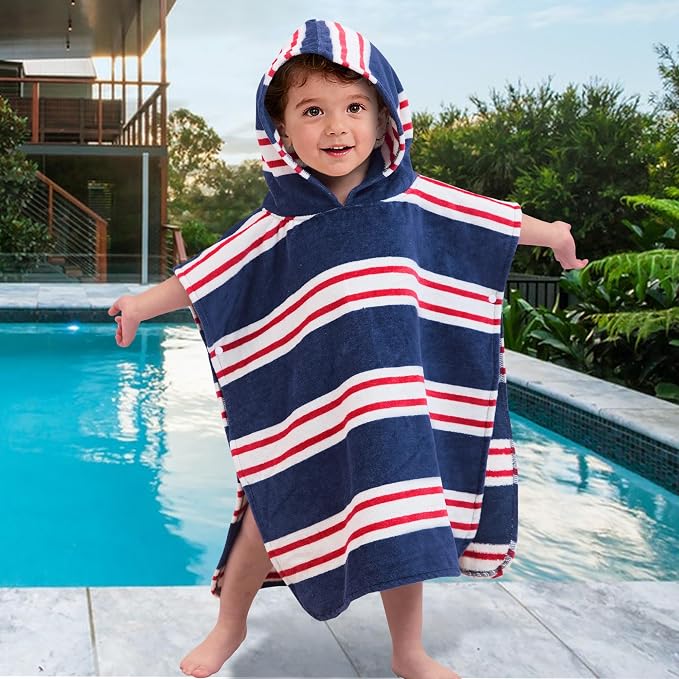 VOOVA & MOVAS Hooded Baby Towel, Oversized (2-4Years,21"X21") Made from 100% Soft Cotton,Absorbent Hooded Poncho Towel for Baby Girl,Perfect for Pool | Swimming | Bath | Beach,Navy Red Stripe