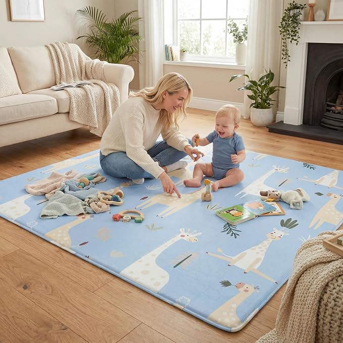 1.5" Thick Premium Baby Floor Play Mat, 71x59 Over-Sized Padded Memory Foam Mat, Tummy Time Crawling Playmat for Nursery Kids Playroom, Giraffe