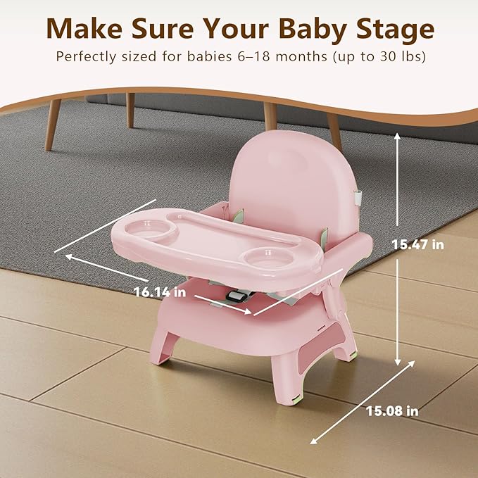 Booster Seat for Kitchen Chair, 3-in-1 Foldable & Portable Booster Seat with Tray, Extra Dishwasher-Safe Tray, Safety Straps for 6??8M (Up to 30 lbs), for Dining Table, Travel & Camping, Pink