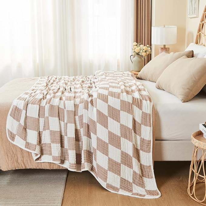 EMME Cooling Muslin Blanket for Adults - Checkered Lightweight Summer Cotton Throw Blankets of Rayon Derived from Bamboo for Hot Sleepers, Ultra Soft Breathable Gauze