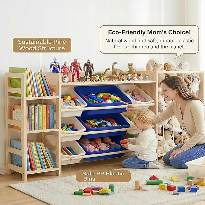 Amdermi Kids Toy Storage Organizer with 9 Plastic Bins, 3-Tier Wooden Shelving Unit for Playroom & Bedroom, Nursery Bookshelf and Stuffed Animal Zoo Storage, Natural Wood Finish (Blue)