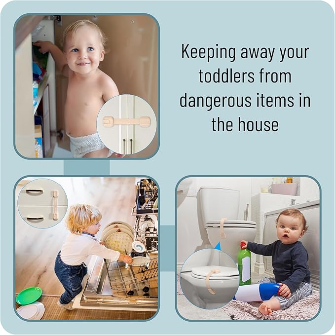 Bate- Child Safety Strap Locks, 10 Pack, Baby Locks for Cabinets, Drawers, Kitchen, Toilet, Furniture, Fridge, Multi-Purpose, Easy Install with Quick 3M Adhesive for Childproofing
