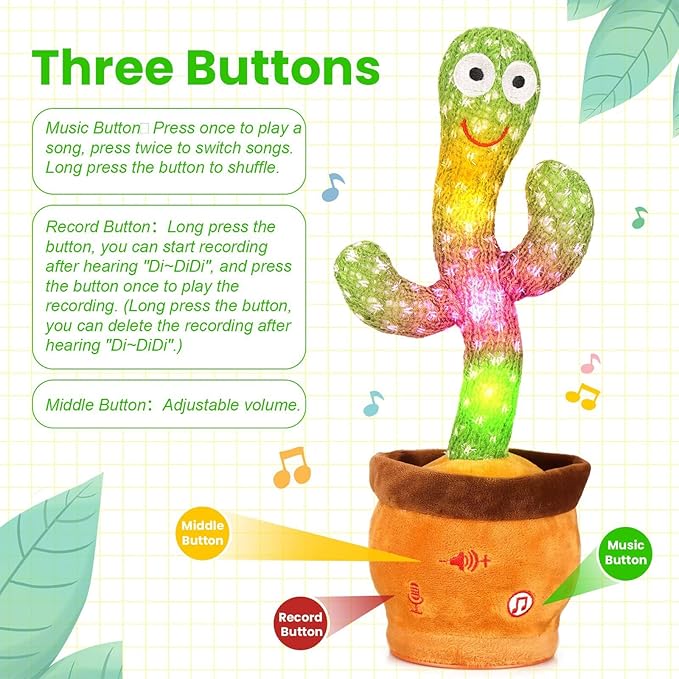 Volume Adjustable Dancing Talking Cactus, Singing Repeating Recording Mimicking Cactus Baby Toys, Interactive Learning Tummy Time Toy for Toddler Boys Girls, Stocking Stuffers for Kids, for Grandkids