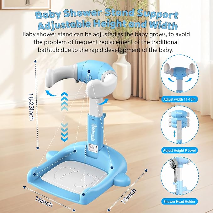 Foldable Baby Shower Stand, Toddler Shower Stand with Anti-Slip Base & Anti-Pinch Silicone, Baby Shower Standing Support 6-36 Months,Baby Stand Up Shower |Soporte para Bañera de Bebé (Blue Whale)