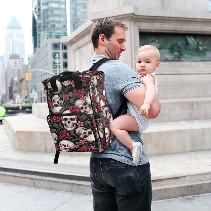 Red Roses Skull Diaper Bag – Insulated Pockets for Mom