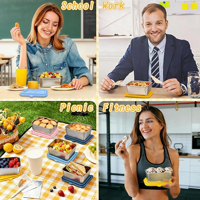 4-Pack Stainless Steel Snack Containers with Silicone Lids, 20oz Leakproof Food Storage Meal Prep Containers Reusable Metal Bento Lunch Snackle Box Container for Travel, Picnics, Office