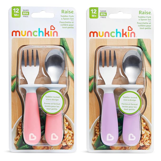 Munchkin® Raise??Toddler Fork and Spoon Utensil Set,Rest Keeps Tip Off Table,BPA Free,Pink/Purple,(Pack of 48)