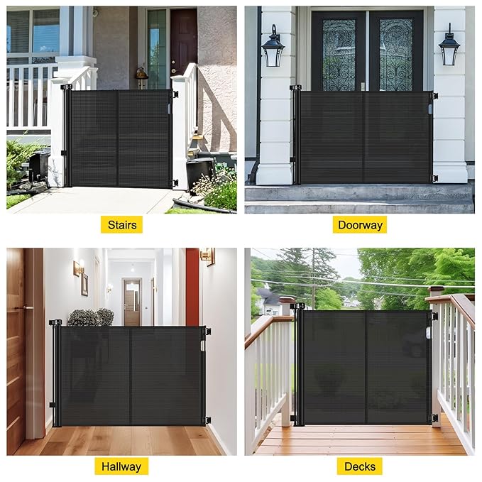 Reinforced 42??Extra Tall Retractable Baby Gates with Rods, Extends up to 60??Wide, Tall Retractable Dog Gate for Doorways Prevent Crawling Through Mesh Pet Gate Indoor Outdoor, Black