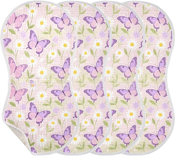 Purple Butterflies Muslin Baby Burp Cloths - Super Absorbent and Soft Burping Rags - Cotton Burp Clothes Set for Boys and Girls, 2 Pack