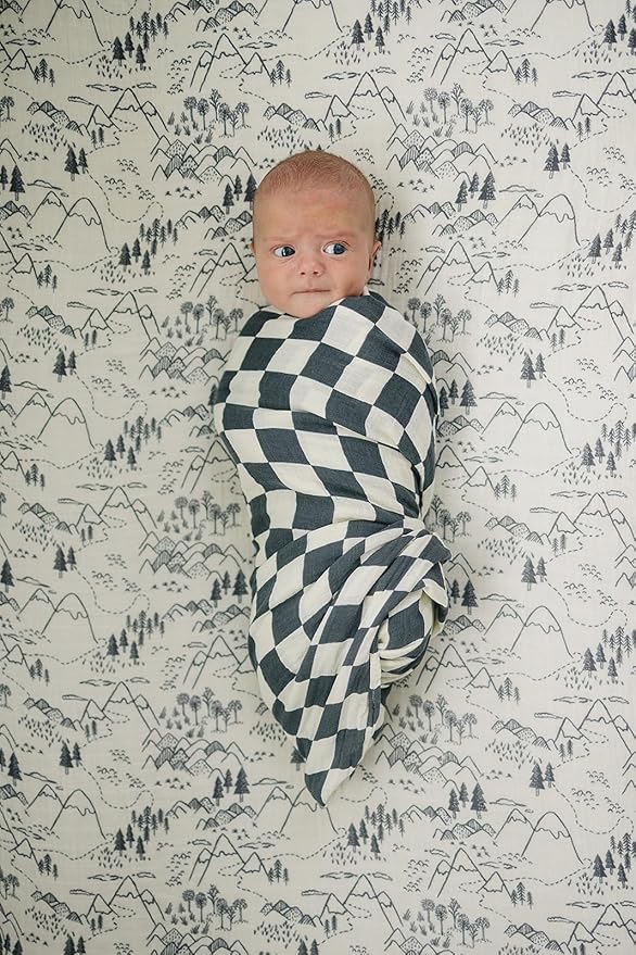 Mebie Baby Charcoal Checkered Muslin Swaddle, Modern and Neutral Swaddle Blanket for Baby Girl or Boy, Soft Baby Blankets, Newborn Swaddle Blanket, 0-3 Month, Comfy Wrap, Baby Essentials & Gifts