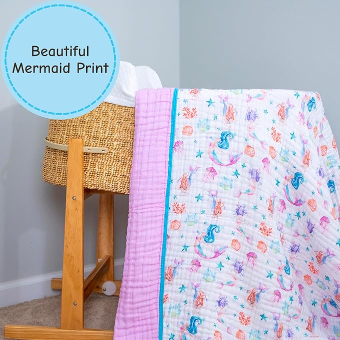 LollyBanks Muslin Baby Quilt, 6-Layer 100% Organic Cotton Baby Blanket for Girls, Soft and Breathable Toddler Quilt, Lightweight Infant Blanket for Crib or Stroller, Newborn Essentials (Mermaid Print)