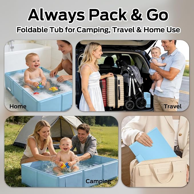 Foldable Baby Bathtub for Newborns & Toddlers, Collapsible Infant Bath Tub with Soft Cushion, Non-Slip Support & Drain Plug, Space-Saving Baby Tub for Small Bathrooms & Travel