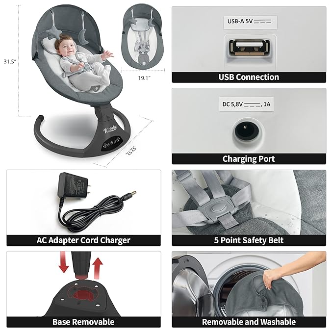 Portable 5 Speed Baby Rocker with Music, Remote Control, and Touch Screen for Infants - Suitable for 0-9 Months, 5-20 lbs, Gray (CR010A-1-GREY)