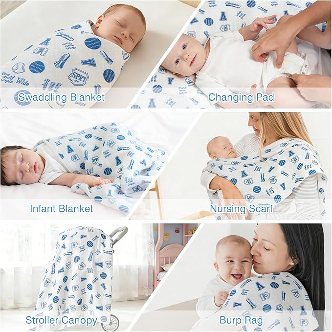 Muslin Swaddle Blankets for Newborn, Large 47"x47" Soft Breathable Bamboo Cotton Baby Blanket, Lightweight Receiving Blanket for Boys and Girls, Classic Baseball