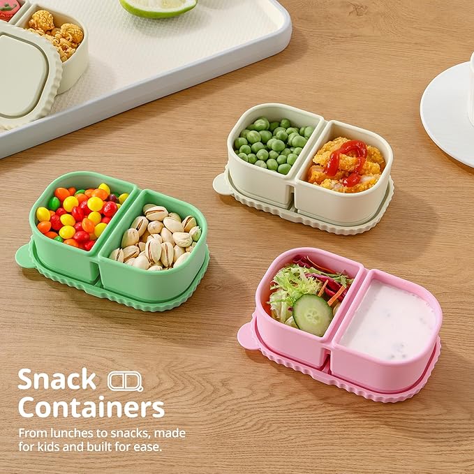 3 Pack Silicone Reusable Snack Containers with Lids - 8 Oz Double Compartment Snackle Box for Kids & Adults, Leakproof Small Divided Dipping Sauce Cup for School, Office, Picnic