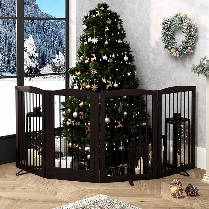 PUPETPO Freestanding Dog Gates with Door Walk Through, 80 inch Wide Gates Indoor, Dog Fences Indoor, Support Feet Included, 4 Panels, 32" Tall, Dark Brown