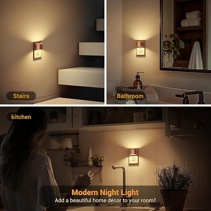 JandCase LED Night Lights Plug into Wall, 2 Pack Rose Gold Modern Night Lights, Dusk to Dawn Sensor Nightlight,0-100LM Brightness Adjustable, 3000K Soft White
