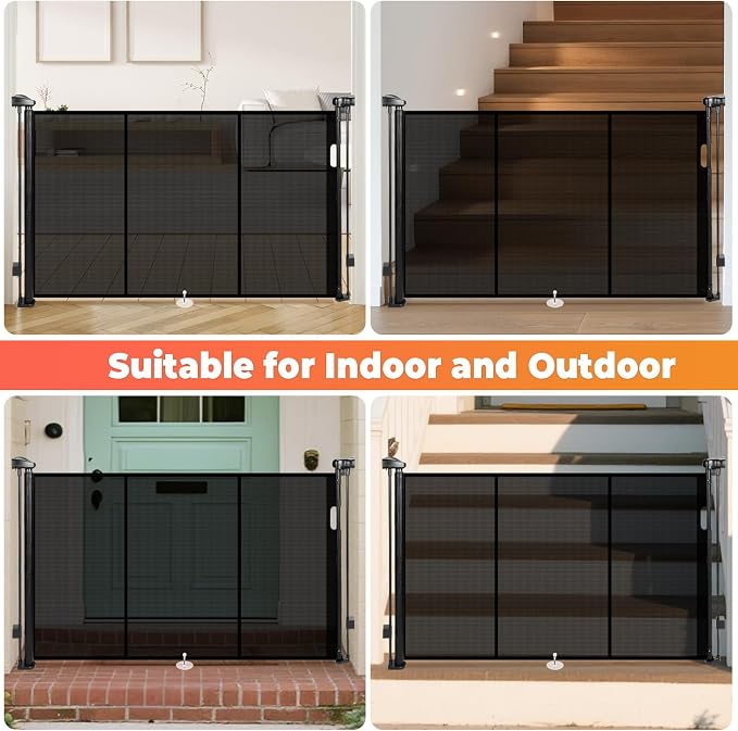 Retractable Baby Gates for Stairs, 55" Wide Retractable Dog Gate Pet Gate, 34" Extra Tall Child Safety Gate Toddler Mesh Gate with Support Rods for Doorways, Hallways, Deck, Porch, Indoor, Outdoor
