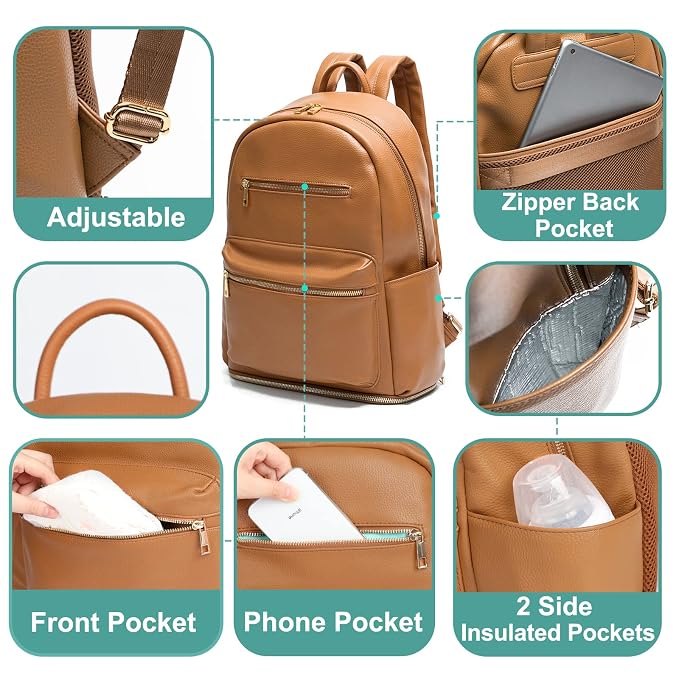 MOMINSIDE Mini Diaper Bag Backpack, Breast Pump Bag, Small Baby Diaper Bag, Leather Mini Diaper Bag, Diaper Bag Organizers, 2 Insulated Pockets, Stroller Strap