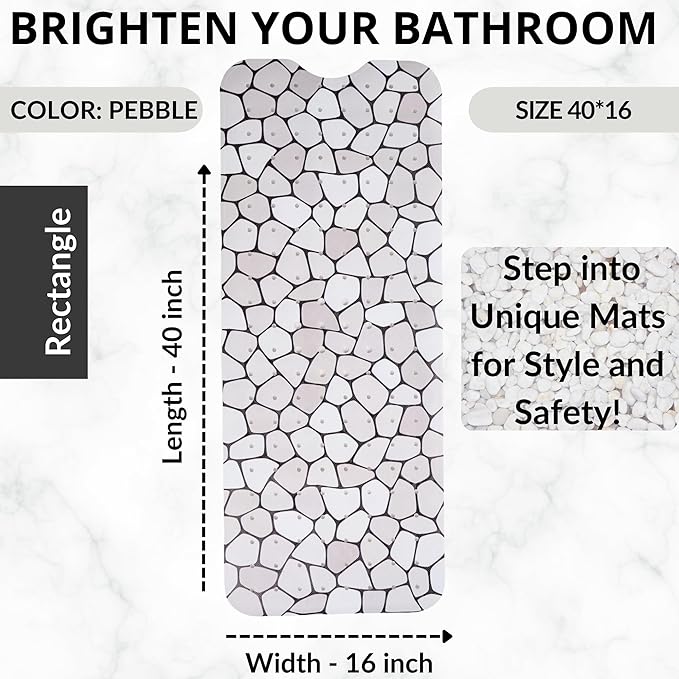 ENKOSI Bath Mat – Large 40 x 16 Inch Non-Slip Bathtub Mat with Secure Suction Cups & Drain Holes – Extra Long Bathroom Shower Mat for Tub with Grey Pebble Design (Grey Pebble 40x16)