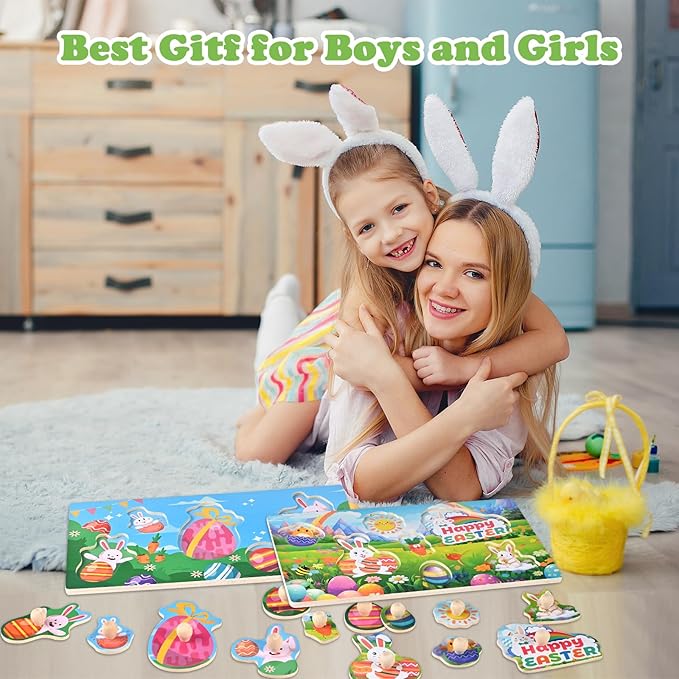 Easter Basket Stuffers-2 Pack Easter Puzzles, Wooden Peg Puzzles for Toddlers 1-3, Montessori Learning Toys, Easter Basket Fillers Gifts Party Favors for Kids Boys Girls