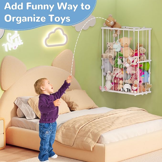 Stuffed Animal Storage Metal Tube Small Toy Storage Organizer with Elastic Cord, Multifunctional Garage Ball Storage Freestanding or Wall-Mounted Stuffed Animal Holder Zoo for Playroom Bedroom (White)