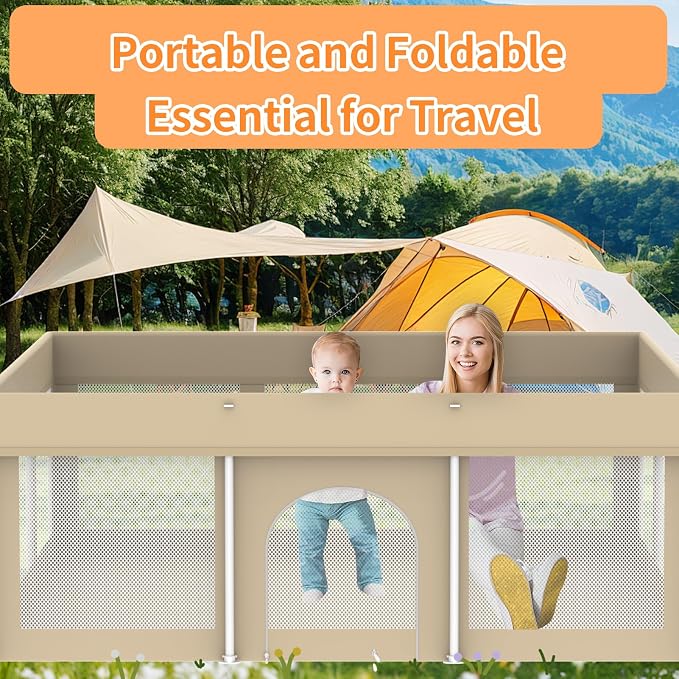 Foldable Large Baby Playpen 50"×71", Portable Playard for Babies & Toddlers, No Assembly, Safe Zipper Gate, Soft Mesh Sides, Ideal for Indoor & Outdoor Use, Includes 100 Ocean Balls, Beige