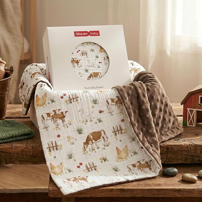 GLLQUEN BABY Blankets for Boys Girls, Soft Muslin Cotton Front Dotted Fleece Backing, Nursery Minky Crib Blanket for Infant Toddler, 30 x 40 inches Throw Blanket, Cow Farm
