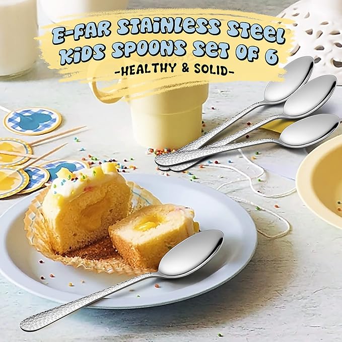 E-far Stainless Steel Kids Spoons, 6-Piece Toddlers Spoons Safe for Preschooler/Children, Hammered Adult look & Small Size, Rust Free & Dishwasher Safe