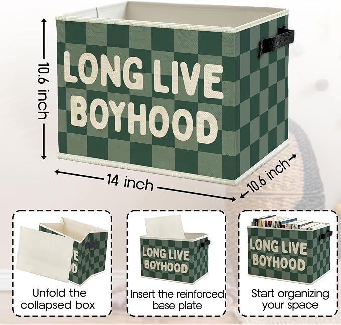 Long Live Boyhood Boys Storage Bins Box with Handles, Green Checkered Pattern Collapsible Basket Organizer for Kids Boy Nursery Room Bedroom Bathroom Playroom Toys Books Clothes