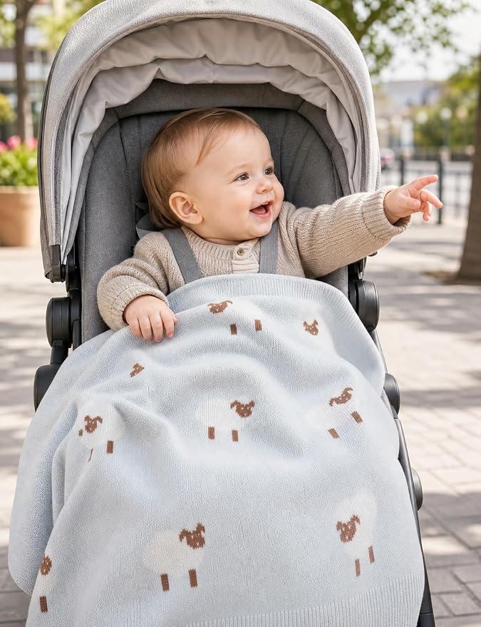 Organic Cotton Baby Blanket - Soft Luxury Knit Receiving Blanket for Newborns & Toddlers, Cozy Breathable Stroller Blanket with Pattern, Unisex, 30x40Inch(Sheep-Blue)