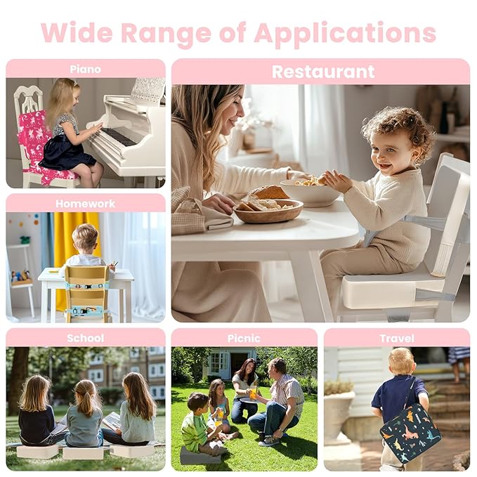 Toddler Booster Seat for Dining Table with Adjustable Straps, Kids Booster Seat for Kitchen Chair with Non-Slip Bottom, PU Anti-Scratch Portable Detachable Increasing Cushion (Pink)