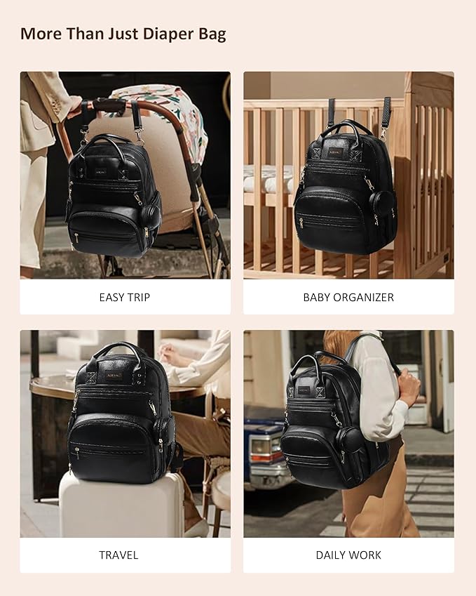 ROSEGIN Premium Vegan Leather Diaper Bag Backpack with Waterproof Changing Pad, Reinforced Zippers & Odor-Free, 20 Pockets Pro Organizer, Fits 15.6" Laptop, Stroller Straps, Baby Bag for Mom, Black